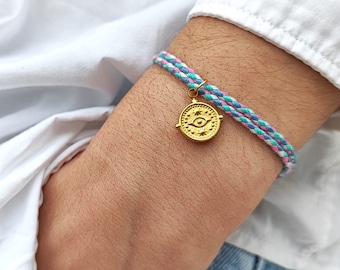 Lucky eye pendant cord bracelet in gold stainless steel, personalized women's bracelet, minimalist bracelet, gift for her