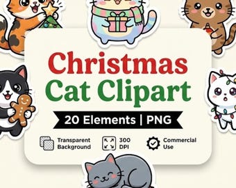 Christmas Cat Clipart PNG Bundle - Kawaii Holiday Stickers - 24 Elements - 300 DPI - Commercial Use