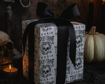 True Crime Wrapping Paper – Gothic Skull Gift Wrap for Horror Fans