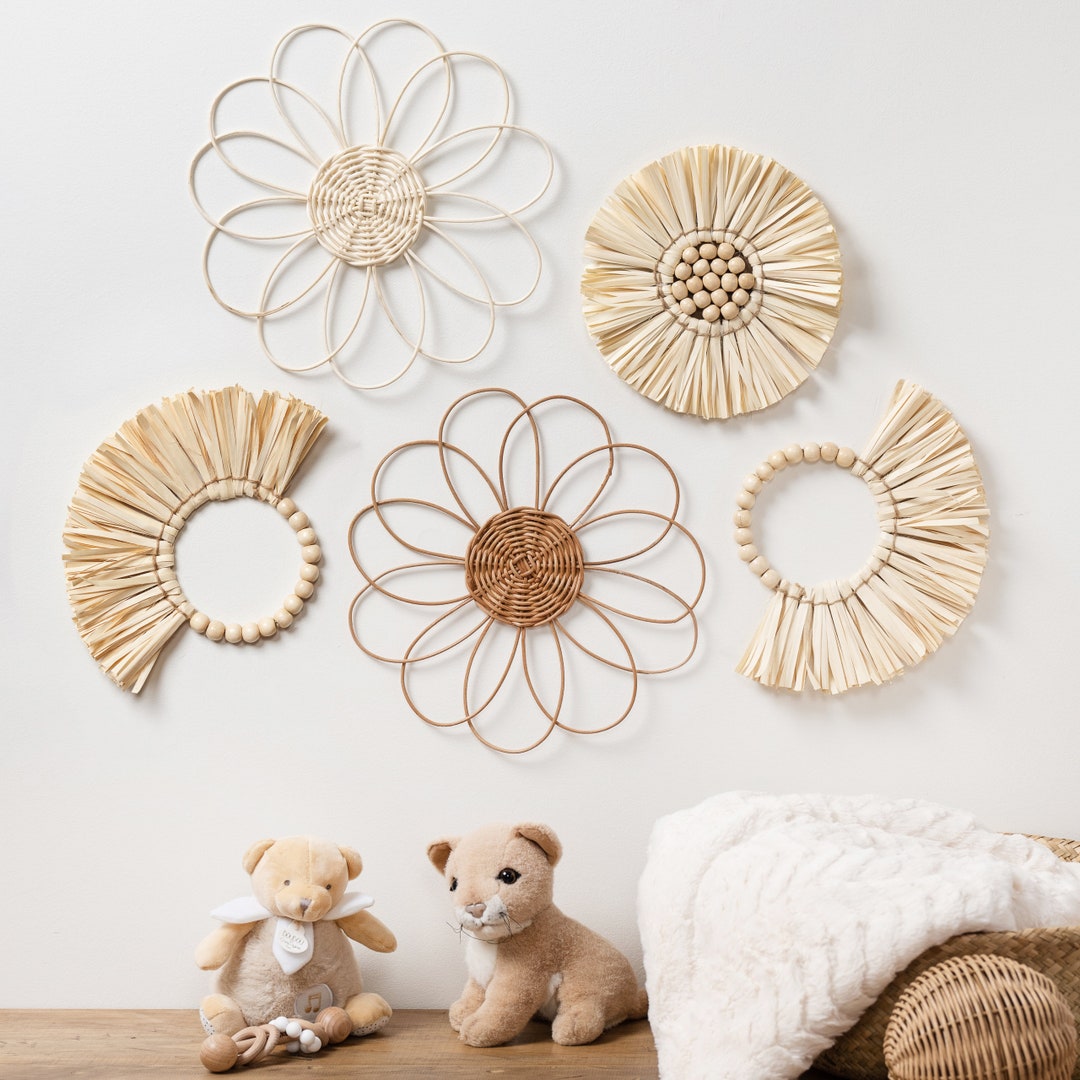 Boho Basket Wall Decor Set Flat Woven Wall Art Round Wicker Wall ...