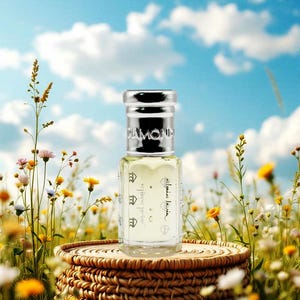 May include: A clear perfume bottle with a silver cap, labeled "DIAMOND", sits on a woven basket amidst wildflowers. The bottle contains a light yellow liquid and has Arabic text. The background features a blue sky with fluffy white clouds.