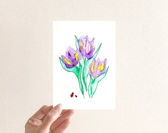 Purple Tulips Flat 4X6 Flower Watercolor Greeting Card and Envelope
