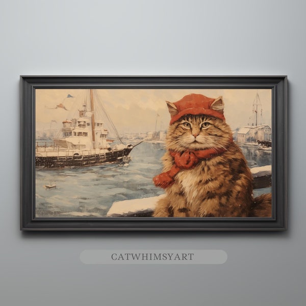 Cat Fisher Snowy Embankment | 16:9 TV Frame Vintage Oil Painting Christmas Decor Winter Digital Art Printable