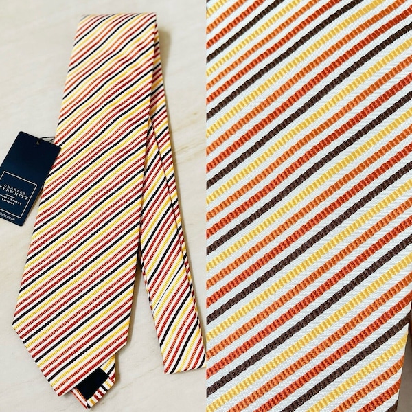 New CHARLES TYRWHITT Luxury Silk Tie Made in Italy Yellow-Brown Stripes 56L 3.75"W