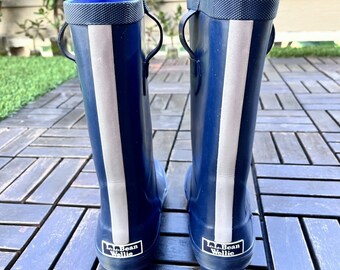 L.L.Bean Wellies Kids Lined Rain Rubber Boots Size 3 Naut Navy Reflective Stripe