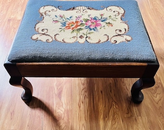 Antique Queen Anne Style Footstool Needlepoint Embroidered Mahogany Ottoman Gray