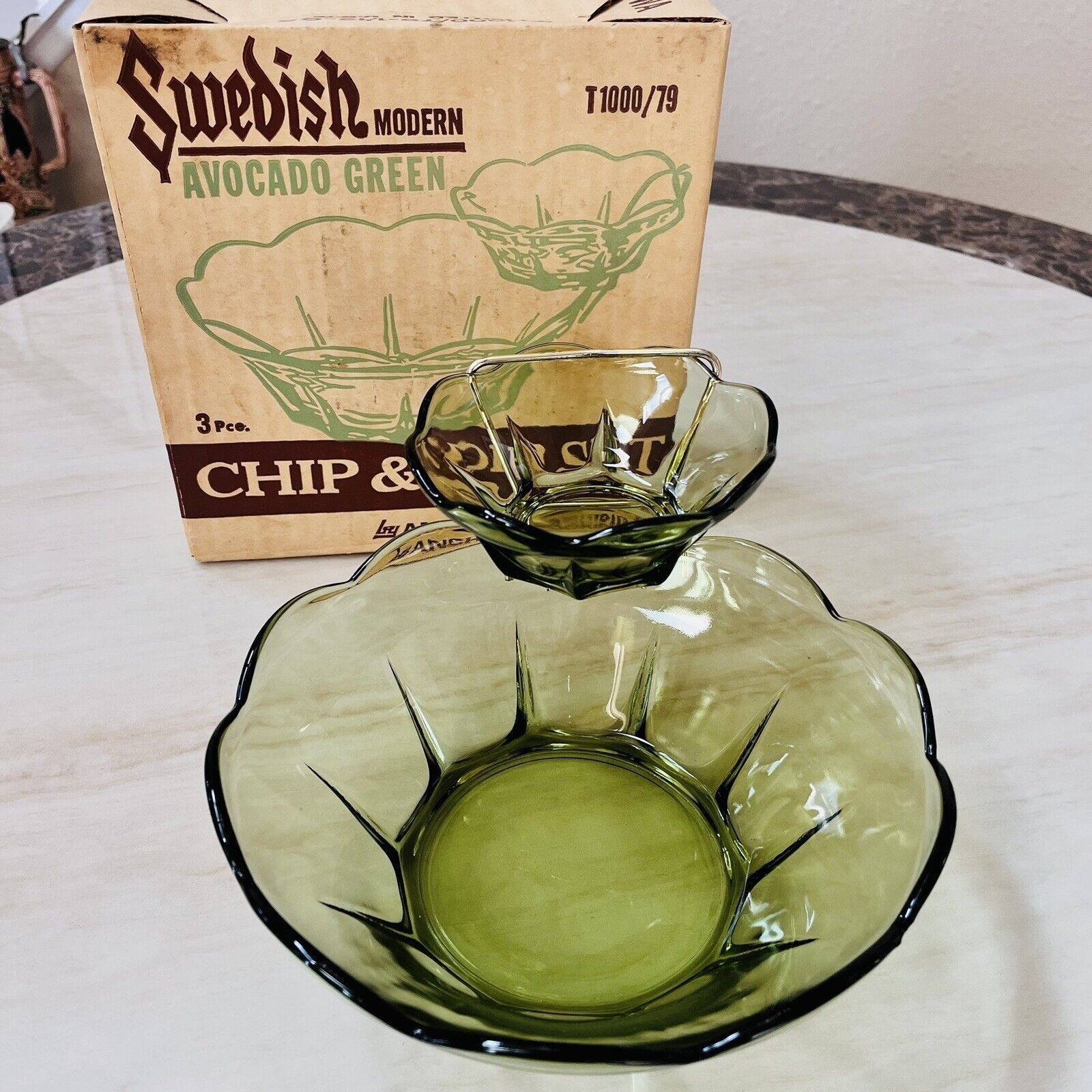 Vintage Anchor Hocking Swedish Modern Avocado Green Chip and Dip Set W