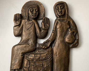 Egino Weinert Bronze Relief Jesus and Samaritan Woman Wall Plaque Mid Century Modernist Art Germany 1970s