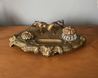 Gilt metal French inkwell with dog and deer decor antique writing set