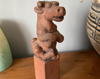 Unique Bull Sculpture In Brutalist Style 1970s Terracotta Vintage Folk Art Decor