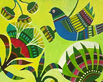 Bird on the Wing, Joyful and Colorful Bird Floral Painting