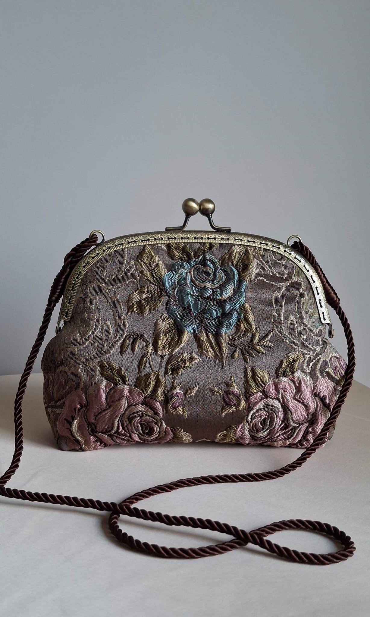 Vintage Style Clutch, Jacquard Satin Handbag, Kisslock Bag