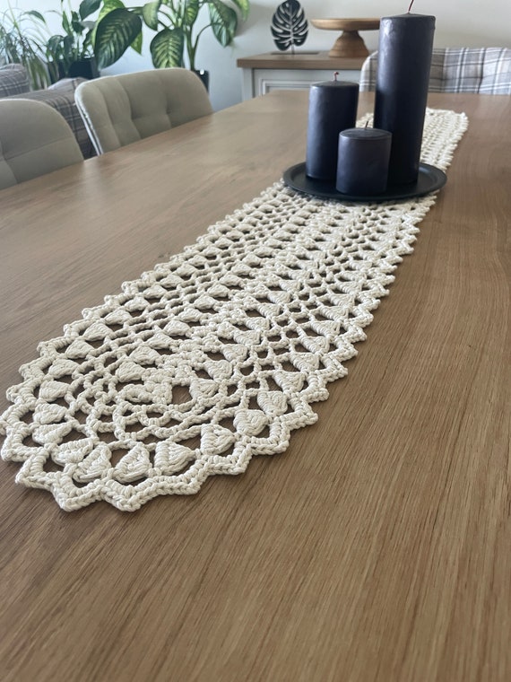 Knitted Cotton Table Runner, Farmhouse Crochet Boho Decor