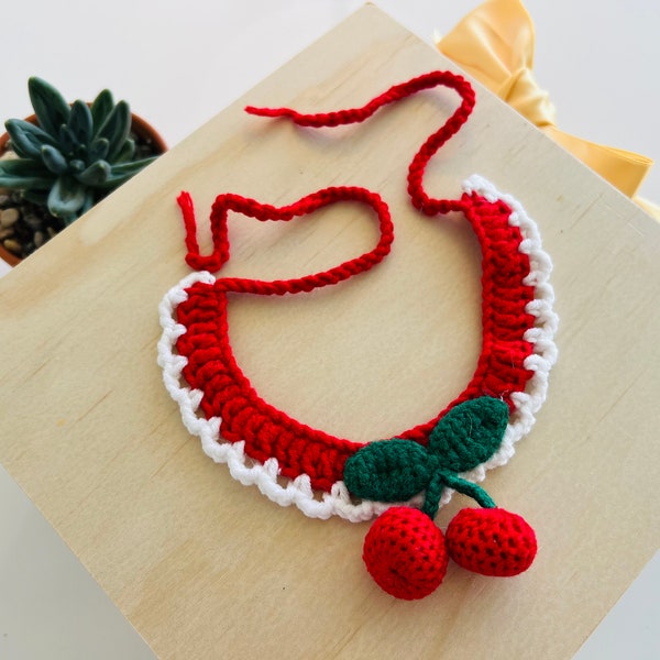 Cherry Crochet Cat Collar, Crochet Dog Collar, Cat Bib, Dog Bib, Handmade Pet Necklace, Dog/Cat/Bunny Accessory, Knitted Cat Scarf,Dog Scarf