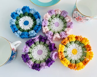 Crochet Flower Coasters, Mother’s Day Gift, Floral Home Decor, Floral Coaster Sets, Gift for Her, Floral Decoration, Summer Table Accent