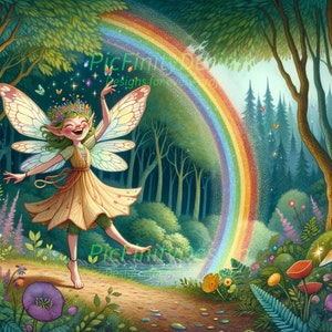 Fictional image of a pixie in a forest with a rainbow. 300 DPI A3/A4 pdfs and pdf/jpeg/svg/png files in 1-to-1, 2-to-3 and 16-to-9 ratios