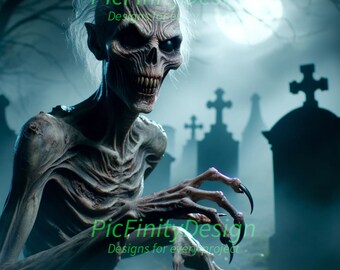 Horror image of a ghoul in a graveyard. 300 DPI resolution A3/A4 pdfs and pdf/jpeg/svg/png files in 1-to-1, 2-to-3 and 16-to-9 ratios