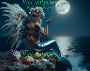 Fictional image of a Mermaid by the sea in the moon light. 300 DPI A3/A4 pdfs and pdf/jpeg/svg/png files in 1-to-1, 2-to-3 & 16-to-9 ratios
