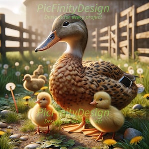 Animal image of a duck with her ducklings. 300 DPI resolution A3/A4 pdfs and pdf/jpeg/svg/png files in 1-to-1, 2-to-3 and 16-to-9 ratios