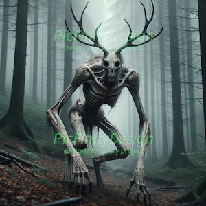 Horror image of a white wendigo in a forest. 300 DPI resolution A3/A4 pdfs and pdf/jpeg/svg/png files in 1-to-1, 2-to-3 and 16-to-9 ratios
