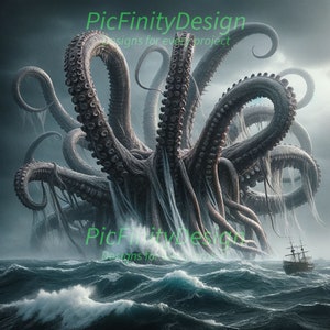 Fictional scene/picture of a kracken. 300 DPI resolution A3/A4 pdfs and pdf/jpeg/svg/png files in 1-to-1, 2-to-3 and 16-to-9 ratios