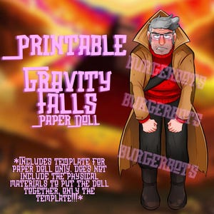 Könnte beinhalten: Digital Illustration einer Gravity Falls Papierpuppe. Die Figur trägt einen braunen Mantel, einen roten Pullover und eine schwarze Hose. Der Text "Printable Gravity Falls Paper Doll" ist zu sehen, sowie Informationen zur Vorlage.