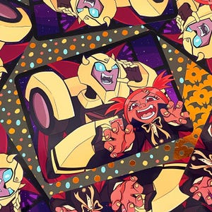 May include: A yellow and black robot with a red and black robot with a bow tie. The robots are in a spooky setting with a dark purple background and gold and orange polka dots.