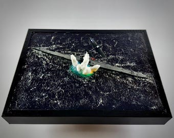 World War II diorama with LED light of an F6F Hellcat airplane attacking a German submarine, 1/350 scale