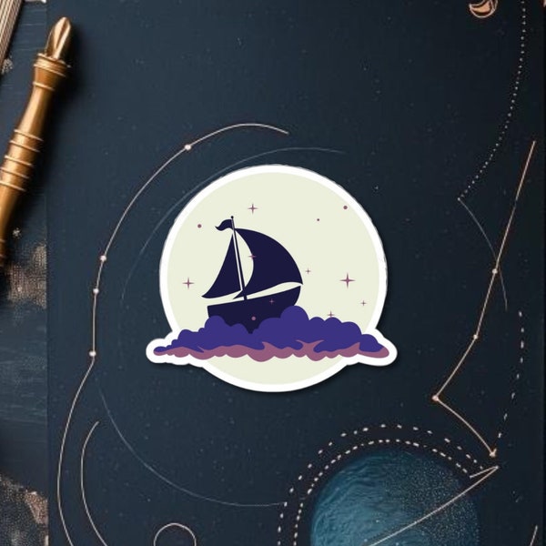 Flying Ship in the Stars with Moon Kiss-Cut Sticker, Peter Pan, Celestial, Spaceship, Space Pirate, Moon sticker, Astrology Sticker