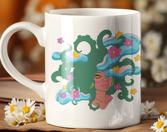 Bonita taza de cerámica blanca de extraterrestre, taza de ciencia ficción, taza espacial, regalo para amantes del anime, taza de sirena, taza retro de los años 60, regalo de merchandising de libros de Sorry Humans para artistas