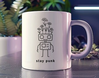 Taza de robot solarpunk: regalo STEM geek, Stay Punk, Flower Robot, Stray
