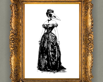 Victorian Gothic Lady Art Print: Plague Doctor Raven Skull Wall Decor, Vintage Halloween Art