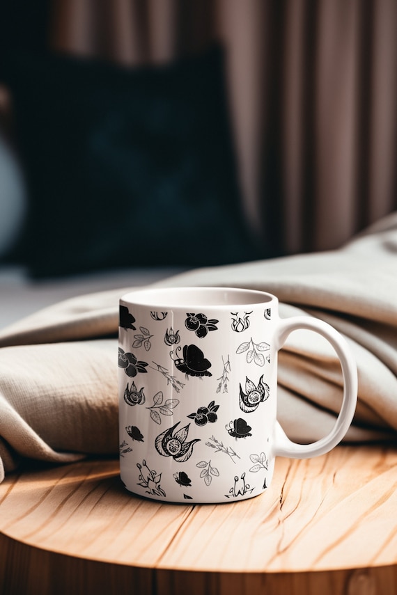 Moth Mug White Ceramic Mug Flower Tea Cup Coffee Mug Nightshades Botanical Cottagecore Witch Gift for Tea Lover Halloween Mug Christmas Gift