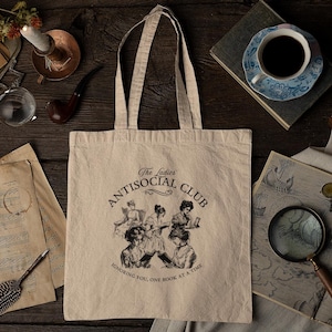 Book Club Canvas Tote Bag Vintage Antisocial Club Introvert Green Reusable Grocery Bag Dark Academia Book Bag Cottagecore