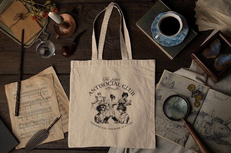 Book Club Canvas Tote Bag Vintage Antisocial Club Introvert Green Reusable Grocery Bag Dark Academia Book Bag Cottagecore