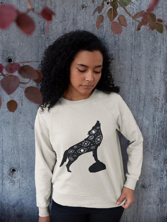 Howling Wolf Sweatshirt: Unisex Evil Eye Forestcore Sweater, Spooky Forest