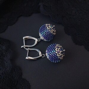 Chameleon and silver Disco Ball Beaded earrings Seed bead drop earrings