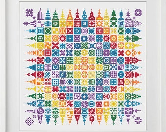 Rainbow Sampler Cross Stitch Pattern, Colorful Geometric Design PDF
