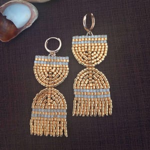 Gold beaded earrings Seed beds woven fringe earrings