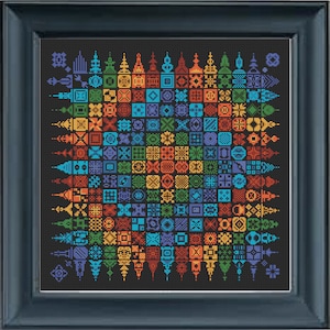 Pode incluir: Um padrão de ponto cruz colorido com um arco-íris de formas e desenhos geométricos sobre um fundo preto.