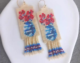 Handwoven Art Seed Bead Earrings: Miyuki Delica, Floral Vase