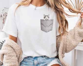 Peekaboo Kitten Pocket T-Shirt | Cat Illustration Tee, Pocket Design