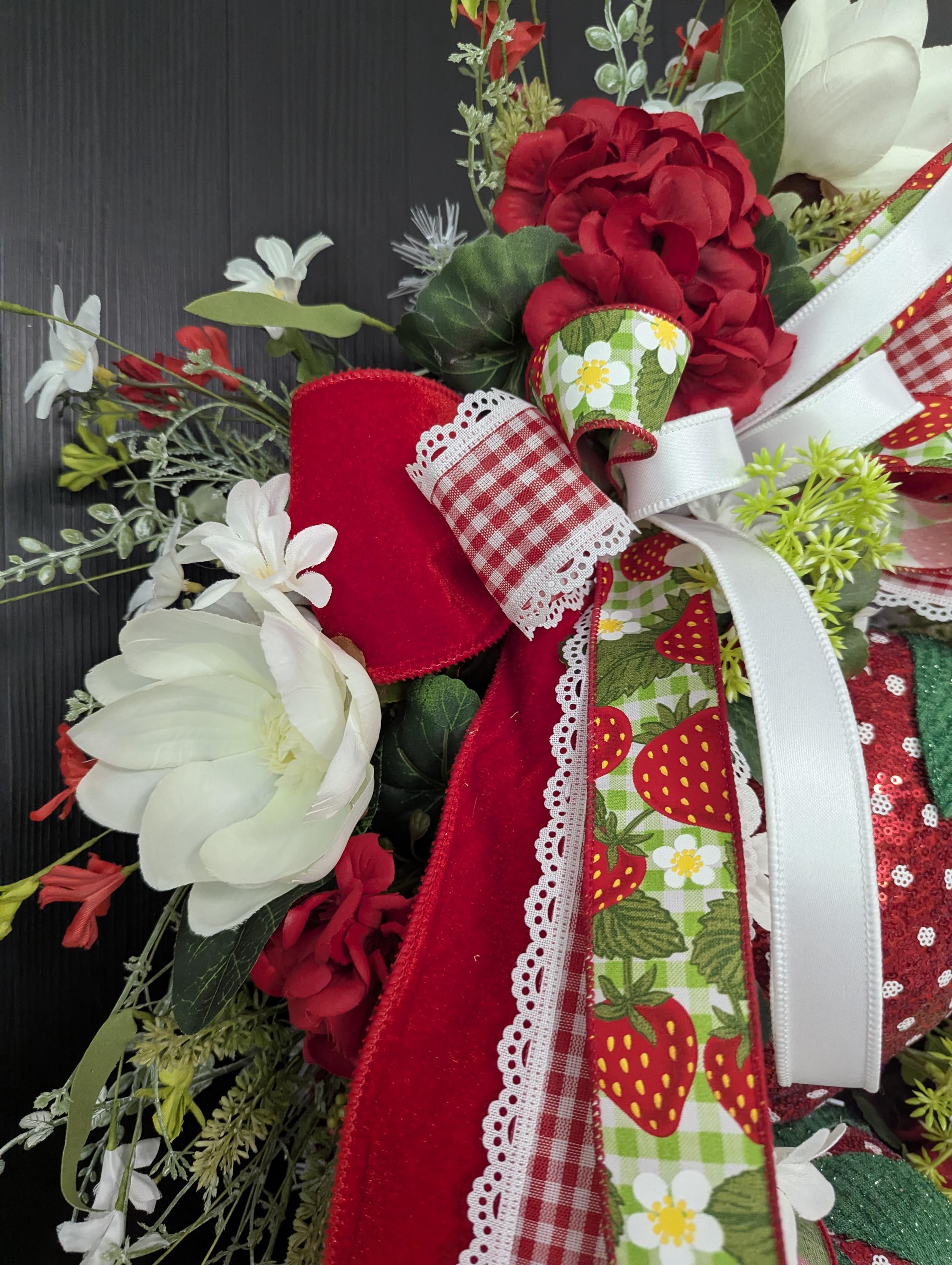 Strawberry Summer Wreath: Glitter Strawberries, Red Gingham Ribbon ...