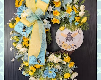 Spring Bee Wreath, Yellow Blue Floral Wreath, Honey Bee Door Decor, Farmhouse Spring Wreath, Summer Front Door Wreath, garden inspired decor