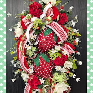strawberry wreath, country cottage summer decor, large swag wreath for porch, strawberry fruit wreath for door, strawberry birthday party