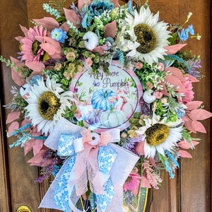 Autumn pink pumpkin wreath, floral Fall Wreath, Hey There Pumpkin,  sunflowers and pumpkins, Pastel Autumn Decor, fall wreath for door