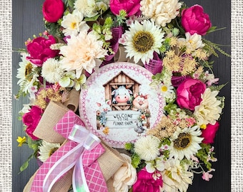 Farm Animal Wreath, Cow Pig Welcome Wreath, Spring Summer Door Decor, Farmhouse Floral Wreath, funny farm wreath for porch, door hanger