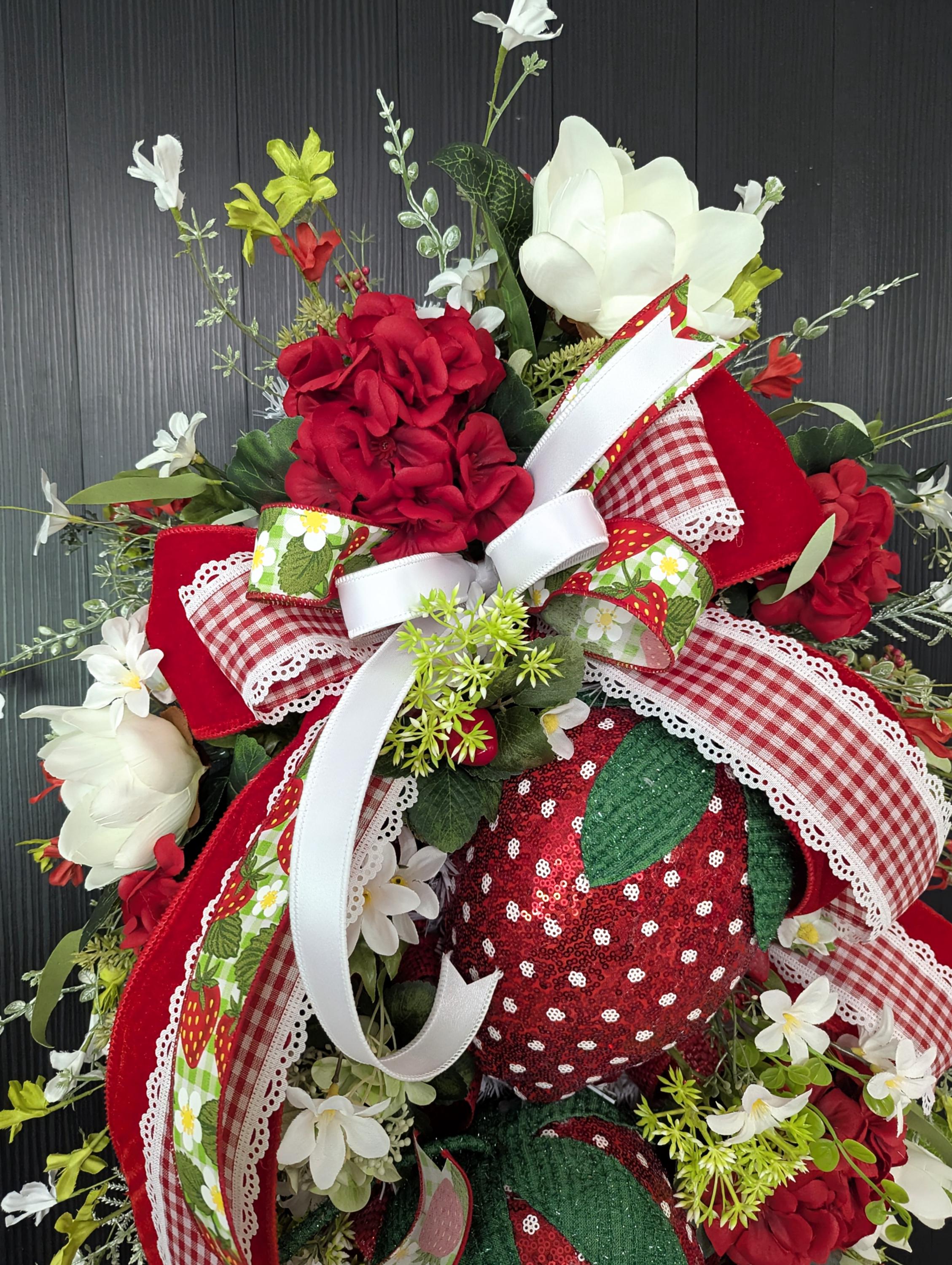 Strawberry Summer Wreath: Glitter Strawberries, Red Gingham Ribbon ...