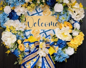 Blue and Yellow Spring Wreath, Welcome Door Wreath for summer, Hydrangea Floral Wreath, Front Door Decor, Wreath for porch, new home gift