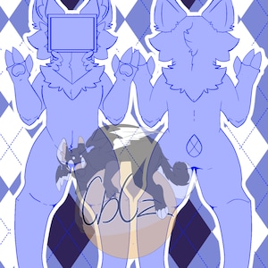 May include: A blue and white digital art illustration of a furry creature with a blank square for a head. The creature is shown from the front and back, with its paws outstretched.